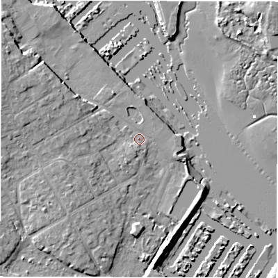 Shaded relief map of the ground around SO413SF, computed from Environment Agency LiDAR. The ground here sits at about 1 m above sea level and falls 10 m across the surrounding 800 m. Surface water reaching this point runs off ground lying to the west-north-west, 6.2 m higher.