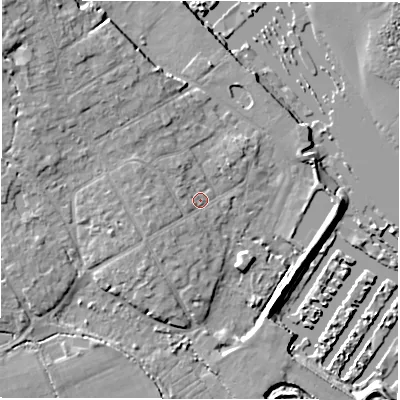 Shaded relief map of the ground around SO413SL, computed from Environment Agency LiDAR. The ground here sits at about 2 m above sea level and falls 10 m across the surrounding 800 m. Surface water reaching this point runs off ground lying to the west-north-west, 2.3 m higher.