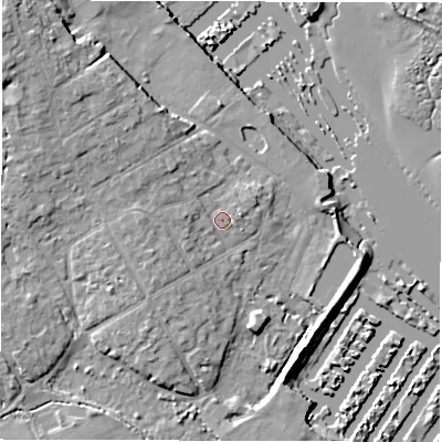 Shaded relief map of the ground around SO413SN, computed from Environment Agency LiDAR. The ground here sits at about 2 m above sea level and falls 10 m across the surrounding 800 m. Surface water reaching this point runs off ground lying to the west, 1.4 m higher.