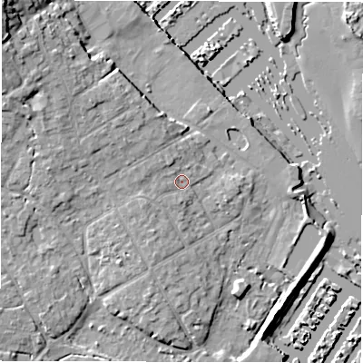 Shaded relief map of the ground around SO413SR, computed from Environment Agency LiDAR. The ground here sits at about 3 m above sea level and falls 15 m across the surrounding 800 m. Surface water reaching this point runs off ground lying to the west-north-west, 1.8 m higher.