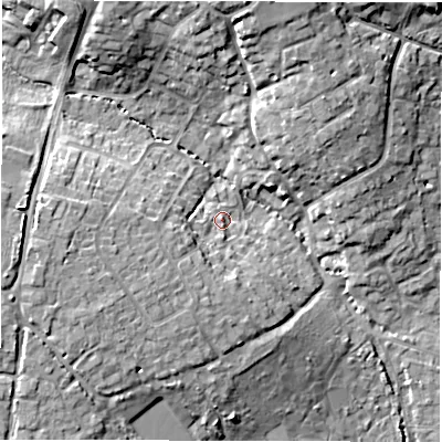 Shaded relief map of the ground around SO413TJ, computed from Environment Agency LiDAR. The ground here sits at about 10 m above sea level and falls 15 m across the surrounding 800 m. Surface water reaching this point runs off ground lying to the west-south-west, 7.2 m higher.