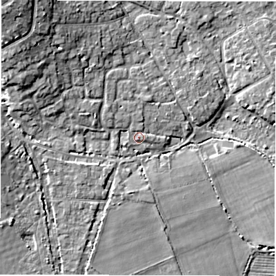 Shaded relief map of the ground around SO413TL, computed from Environment Agency LiDAR. The ground here sits at about 4 m above sea level and falls 14 m across the surrounding 800 m. Surface water reaching this point runs off ground lying to the north-west, 2.0 m higher.