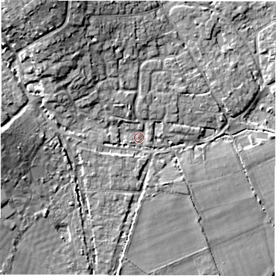 Shaded relief map of the ground around SO413TQ, computed from Environment Agency LiDAR. The ground here sits at about 4 m above sea level and falls 14 m across the surrounding 800 m. Surface water reaching this point runs off ground lying to the north-west, 11.2 m higher.