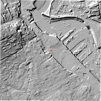 Shaded relief map of the ground around SO413YJ, computed from Environment Agency LiDAR. The ground here sits at about 2 m above sea level and falls 22 m across the surrounding 800 m. Surface water reaching this point runs off ground lying to the west-north-west, 20.0 m higher.