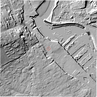 Shaded relief map of the ground around SO413YL, computed from Environment Agency LiDAR. The ground here sits at about 2 m above sea level and falls 23 m across the surrounding 800 m. Surface water reaching this point runs off ground lying to the west-north-west, 19.4 m higher.