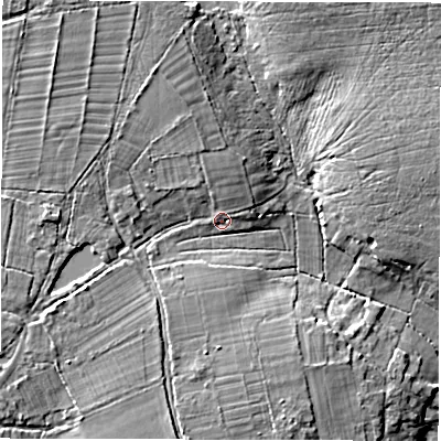 Shaded relief map of the ground around SO415QU, computed from Environment Agency LiDAR. The ground here sits at about 28 m above sea level and falls 10 m across the surrounding 800 m. Surface water reaching this point runs off ground lying to the north-north-west, 3.0 m higher.