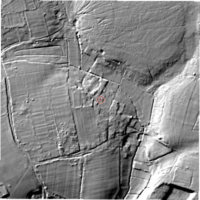 Shaded relief map of the ground around SO415QZ, computed from Environment Agency LiDAR. The ground here sits at about 27 m above sea level and falls 11 m across the surrounding 800 m. Surface water reaching this point runs off ground lying to the west-south-west, 2.3 m higher.