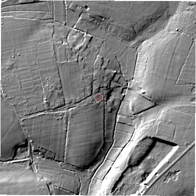 Shaded relief map of the ground around SO415RA, computed from Environment Agency LiDAR. The ground here sits at about 26 m above sea level and falls 11 m across the surrounding 800 m. Surface water reaching this point runs off ground lying to the west, 5.6 m higher.