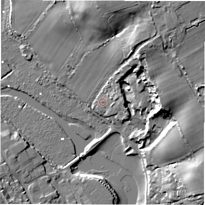 Shaded relief map of the ground around SO415RB, computed from Environment Agency LiDAR. The ground here sits at about 4 m above sea level and falls 28 m across the surrounding 800 m. Surface water reaching this point runs off ground lying to the north-east, 5.3 m higher.