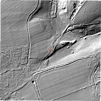 Shaded relief map of the ground around SO415RF, computed from Environment Agency LiDAR. The ground here sits at about 25 m above sea level and falls 13 m across the surrounding 800 m. Surface water reaching this point runs off ground lying to the west, 0.8 m higher.