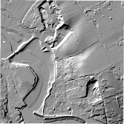 Shaded relief map of the ground around SO415SA, computed from Environment Agency LiDAR. The ground here sits at about 7 m above sea level and falls 26 m across the surrounding 800 m. Surface water reaching this point runs off ground lying to the north-east, 17.4 m higher.