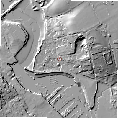 Shaded relief map of the ground around SO415SB, computed from Environment Agency LiDAR. The ground here sits at about 2 m above sea level and falls 23 m across the surrounding 800 m. Surface water reaching this point runs off ground lying to the north-east, 21.5 m higher.