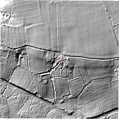 Shaded relief map of the ground around SO415SH, computed from Environment Agency LiDAR. The ground here sits at about 11 m above sea level and falls 14 m across the surrounding 800 m. Surface water reaching this point runs off ground lying to the west-north-west, 3.3 m higher.