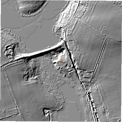 Shaded relief map of the ground around SO415SQ, computed from Environment Agency LiDAR. The ground here sits at about 6 m above sea level and falls 10 m across the surrounding 800 m. Surface water reaching this point runs off ground lying to the east, 3.8 m higher.