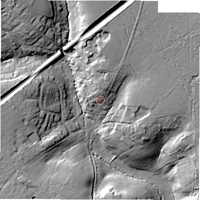 Shaded relief map of the ground around SO416AL, computed from Environment Agency LiDAR. The ground here sits at about 39 m above sea level and falls 24 m across the surrounding 800 m. Surface water reaching this point runs off ground lying to the north-north-east, 4.7 m higher.