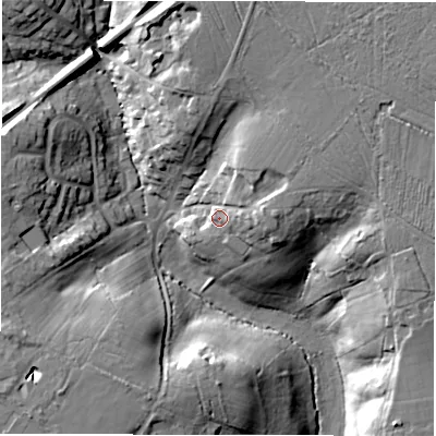 Shaded relief map of the ground around SO416BU, computed from Environment Agency LiDAR. The ground here sits at about 38 m above sea level and falls 21 m across the surrounding 800 m. Surface water reaching this point runs off ground lying to the east-north-east, 7.2 m higher.