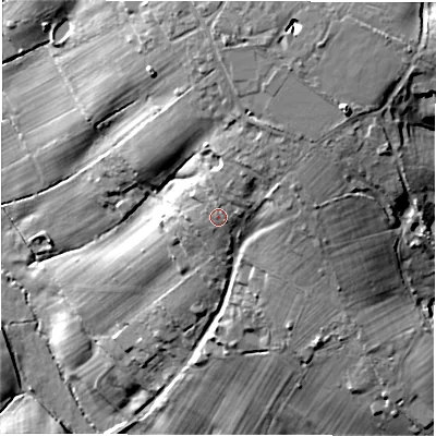 Shaded relief map of the ground around SO416DA, computed from Environment Agency LiDAR. The ground here sits at about 38 m above sea level and falls 31 m across the surrounding 800 m. Surface water reaching this point runs off ground lying to the north-north-east, 4.1 m higher.