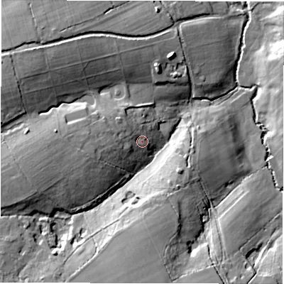 Shaded relief map of the ground around SO416DH, computed from Environment Agency LiDAR. The ground here sits at about 19 m above sea level and falls 25 m across the surrounding 800 m. Surface water reaching this point runs off ground lying to the west, 8.2 m higher.