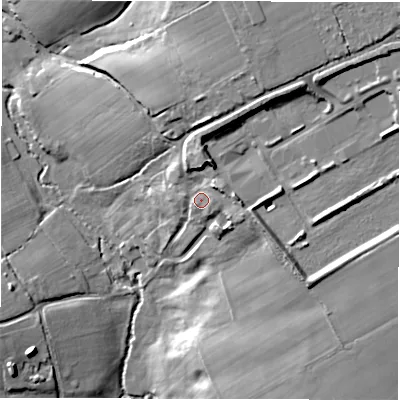 Shaded relief map of the ground around SO416DJ, computed from Environment Agency LiDAR. The ground here sits at about 25 m above sea level and falls 24 m across the surrounding 800 m. Surface water reaching this point runs off ground lying to the north-north-east, 8.9 m higher.