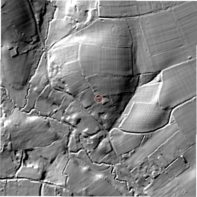 Shaded relief map of the ground around SO416DP, computed from Environment Agency LiDAR. The ground here sits at about 25 m above sea level and falls 28 m across the surrounding 800 m. Surface water reaching this point runs off ground lying to the north-north-east, 12.1 m higher.