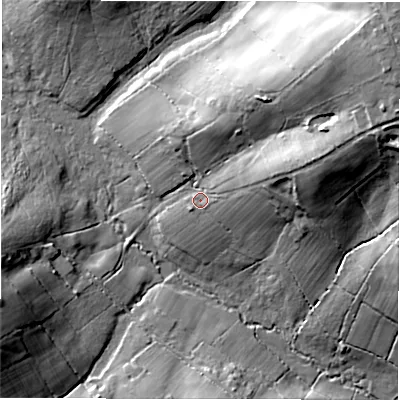 Shaded relief map of the ground around SO416EH, computed from Environment Agency LiDAR. The ground here sits at about 27 m above sea level and falls 37 m across the surrounding 800 m. Surface water reaching this point runs off ground lying to the north-east, 26.7 m higher.