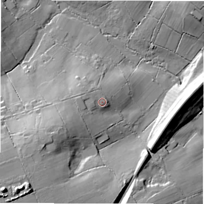 Shaded relief map of the ground around SO416EL, computed from Environment Agency LiDAR. The ground here sits at about 33 m above sea level and falls 39 m across the surrounding 800 m. Surface water reaching this point runs off ground lying to the west, 1.8 m higher.
