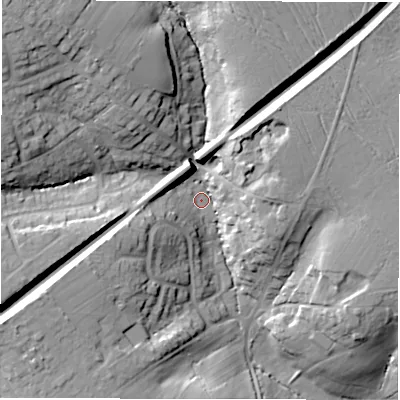 Shaded relief map of the ground around SO416EW, computed from Environment Agency LiDAR. The ground here sits at about 33 m above sea level and falls 27 m across the surrounding 800 m. Surface water reaching this point runs off ground lying to the north-west, 22.1 m higher.
