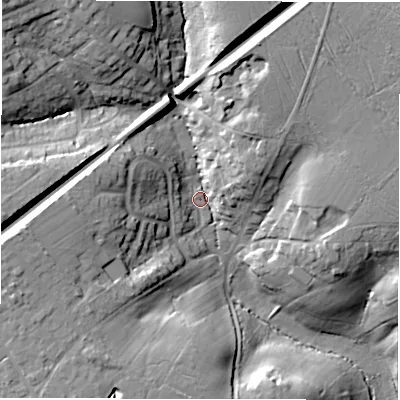 Shaded relief map of the ground around SO416GB, computed from Environment Agency LiDAR. The ground here sits at about 32 m above sea level and falls 26 m across the surrounding 800 m. Surface water reaching this point runs off ground lying to the north-west, 20.7 m higher.