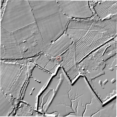 Shaded relief map of the ground around SO418AE, computed from Environment Agency LiDAR. The ground here sits at about 2 m above sea level and falls 6 m across the surrounding 800 m. Surface water reaching this point runs off ground lying to the north-north-west, 1.9 m higher.