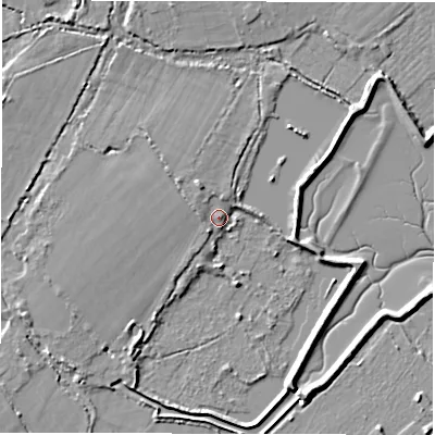 Shaded relief map of the ground around SO418AF, computed from Environment Agency LiDAR. The ground here sits at about 2 m above sea level and falls 5 m across the surrounding 800 m. Surface water reaching this point runs off ground lying to the north-north-west, 3.3 m higher.