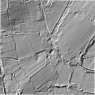 Shaded relief map of the ground around SO418AH, computed from Environment Agency LiDAR. The ground here sits at about 2 m above sea level and falls 9 m across the surrounding 800 m. Surface water reaching this point runs off ground lying to the north-west, 6.8 m higher.