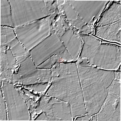 Shaded relief map of the ground around SO418AJ, computed from Environment Agency LiDAR. The ground here sits at about 2 m above sea level and falls 5 m across the surrounding 800 m. Surface water reaching this point runs off ground lying to the west-north-west, 3.9 m higher.