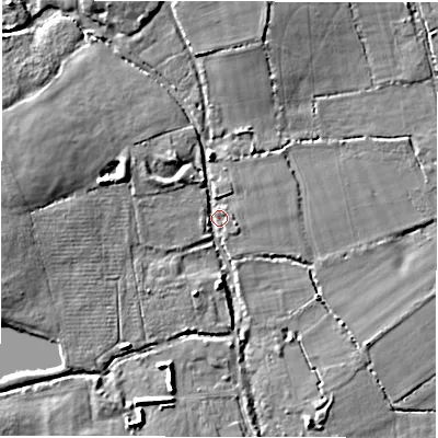 Shaded relief map of the ground around SO418AL, computed from Environment Agency LiDAR. The ground here sits at about 4 m above sea level and falls 10 m across the surrounding 800 m. Surface water reaching this point runs off ground lying to the north-west, 7.6 m higher.