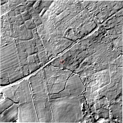 Shaded relief map of the ground around SO418DN, computed from Environment Agency LiDAR. The ground here sits at about 14 m above sea level and falls 18 m across the surrounding 800 m. Surface water reaching this point runs off ground lying to the north-north-east, 2.6 m higher.