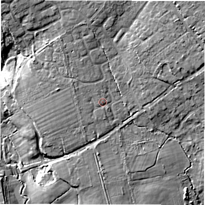 Shaded relief map of the ground around SO418EX, computed from Environment Agency LiDAR. The ground here sits at about 15 m above sea level and falls 19 m across the surrounding 800 m. Surface water reaching this point runs off ground lying to the west-north-west, 2.5 m higher.