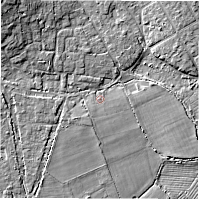 Shaded relief map of the ground around SO418FB, computed from Environment Agency LiDAR. The ground here sits at about 3 m above sea level and falls 12 m across the surrounding 800 m. Surface water reaching this point runs off ground lying to the south-west, 1.3 m higher.