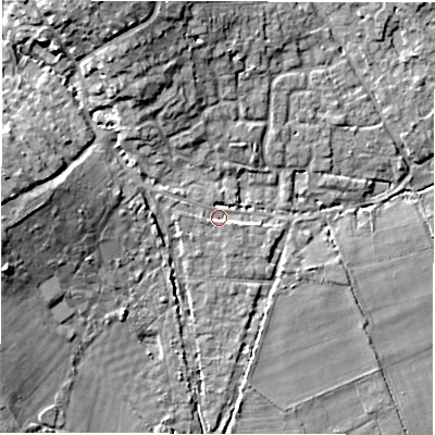 Shaded relief map of the ground around SO418FD, computed from Environment Agency LiDAR. The ground here sits at about 4 m above sea level and falls 13 m across the surrounding 800 m. Surface water reaching this point runs off ground lying to the west-north-west, 1.5 m higher.