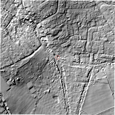 Shaded relief map of the ground around SO418FE, computed from Environment Agency LiDAR. The ground here sits at about 5 m above sea level and falls 13 m across the surrounding 800 m. Surface water reaching this point runs off ground lying to the north-north-west, 10.0 m higher.
