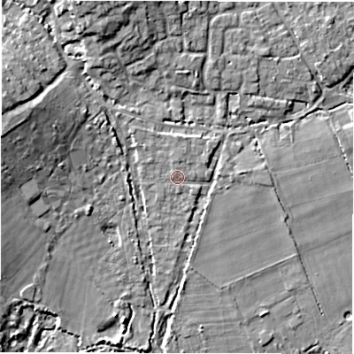 Shaded relief map of the ground around SO418FG, computed from Environment Agency LiDAR. The ground here sits at about 5 m above sea level and falls 13 m across the surrounding 800 m. Surface water reaching this point runs off ground lying to the north-west, 1.2 m higher.