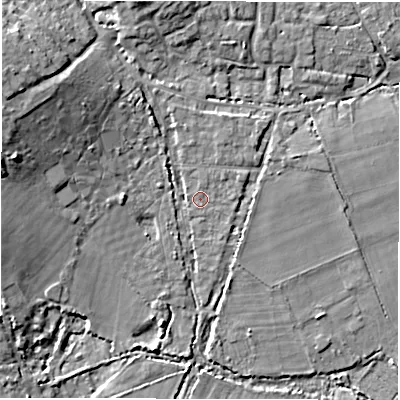 Shaded relief map of the ground around SO418FJ, computed from Environment Agency LiDAR. The ground here sits at about 4 m above sea level and falls 13 m across the surrounding 800 m. Surface water reaching this point runs off ground lying to the north-north-east, 0.7 m higher.