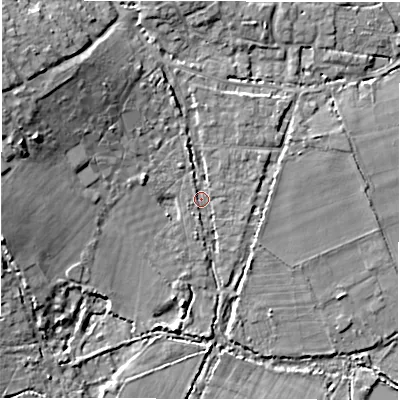 Shaded relief map of the ground around SO418FL, computed from Environment Agency LiDAR. The ground here sits at about 4 m above sea level and falls 14 m across the surrounding 800 m. Surface water reaching this point runs off ground lying to the north-north-west, 4.0 m higher.