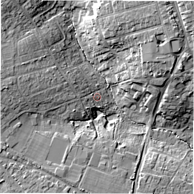 Shaded relief map of the ground around SO418HZ, computed from Environment Agency LiDAR. The ground here sits at about 13 m above sea level and falls 16 m across the surrounding 800 m. Surface water reaching this point runs off ground lying to the west-north-west, 9.2 m higher.