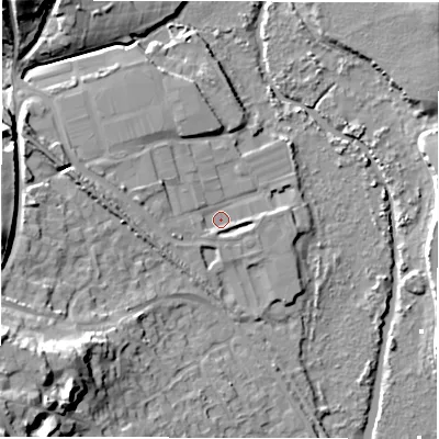 Shaded relief map of the ground around SO418LW, computed from Environment Agency LiDAR. The ground here sits at about 3 m above sea level and falls 25 m across the surrounding 800 m. Surface water reaching this point runs off ground lying to the west-north-west, 3.7 m higher.