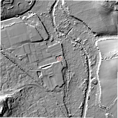 Shaded relief map of the ground around SO418QF, computed from Environment Agency LiDAR. The ground here sits at about 2 m above sea level and falls 26 m across the surrounding 800 m. Surface water reaching this point runs off ground lying to the west, 4.3 m higher.