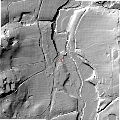 Shaded relief map of the ground around SO418QW, computed from Environment Agency LiDAR. The ground here sits at about 3 m above sea level and falls 33 m across the surrounding 800 m. Surface water reaching this point runs off ground lying to the west-north-west, 30.6 m higher.