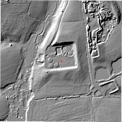 Shaded relief map of the ground around SO418QZ, computed from Environment Agency LiDAR. The ground here sits at about 6 m above sea level and falls 17 m across the surrounding 800 m. Surface water reaching this point runs off ground lying to the north-east, 6.3 m higher.