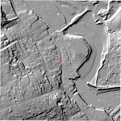 Shaded relief map of the ground around SO419AU, computed from Environment Agency LiDAR. The ground here sits at about 2 m above sea level and falls 25 m across the surrounding 800 m. Surface water reaching this point runs off ground lying to the south-west, 7.9 m higher.