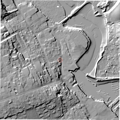 Shaded relief map of the ground around SO419AY, computed from Environment Agency LiDAR. The ground here sits at about 2 m above sea level and falls 25 m across the surrounding 800 m. Surface water reaching this point runs off ground lying to the west-south-west, 21.8 m higher.