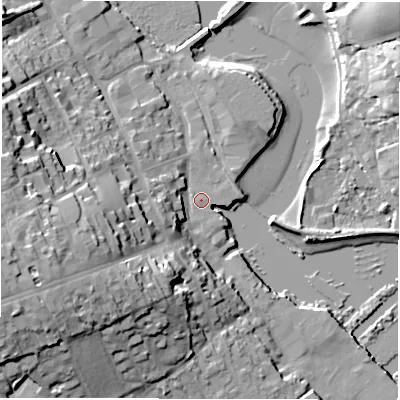 Shaded relief map of the ground around SO419AZ, computed from Environment Agency LiDAR. The ground here sits at about 2 m above sea level and falls 25 m across the surrounding 800 m. Surface water reaching this point runs off ground lying to the west-south-west, 21.7 m higher.
