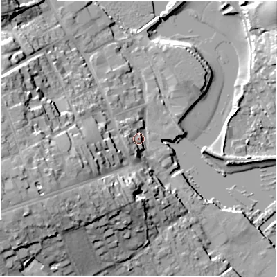 Shaded relief map of the ground around SO419BN, computed from Environment Agency LiDAR. The ground here sits at about 5 m above sea level and falls 25 m across the surrounding 800 m. Surface water reaching this point runs off ground lying to the west-south-west, 21.7 m higher.